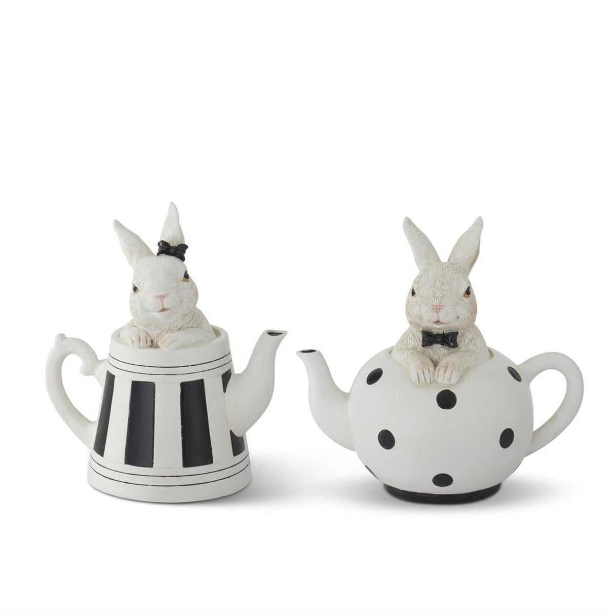 5.75 in White Resin Bunnies in Black & White Teapots (Set of 2)