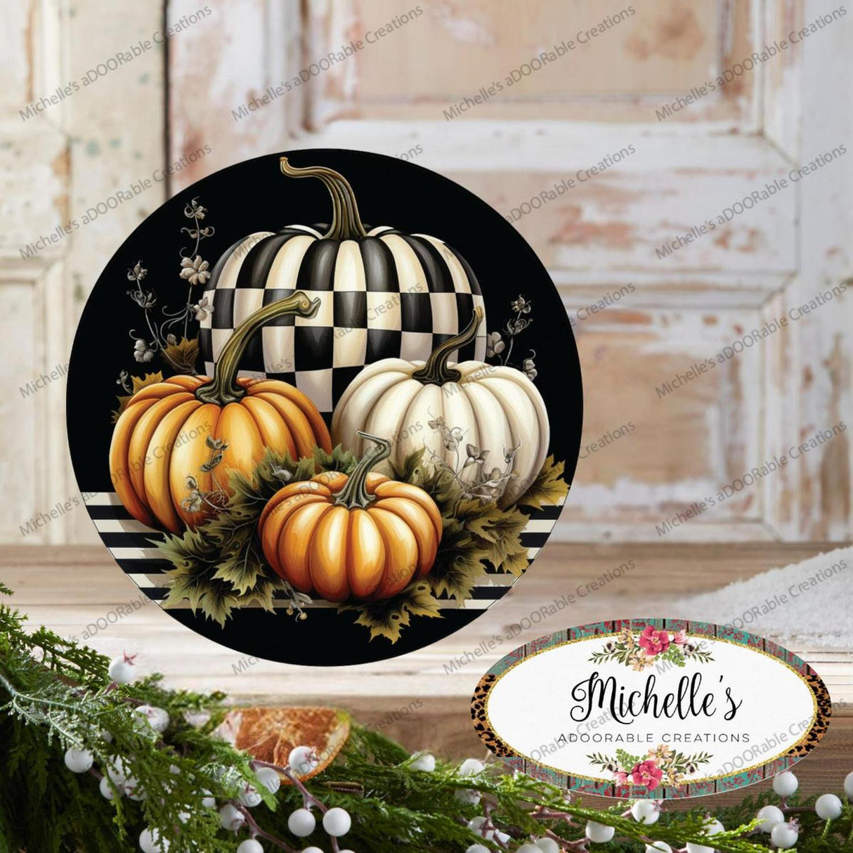 Black Checked Pumpkin Round Sign