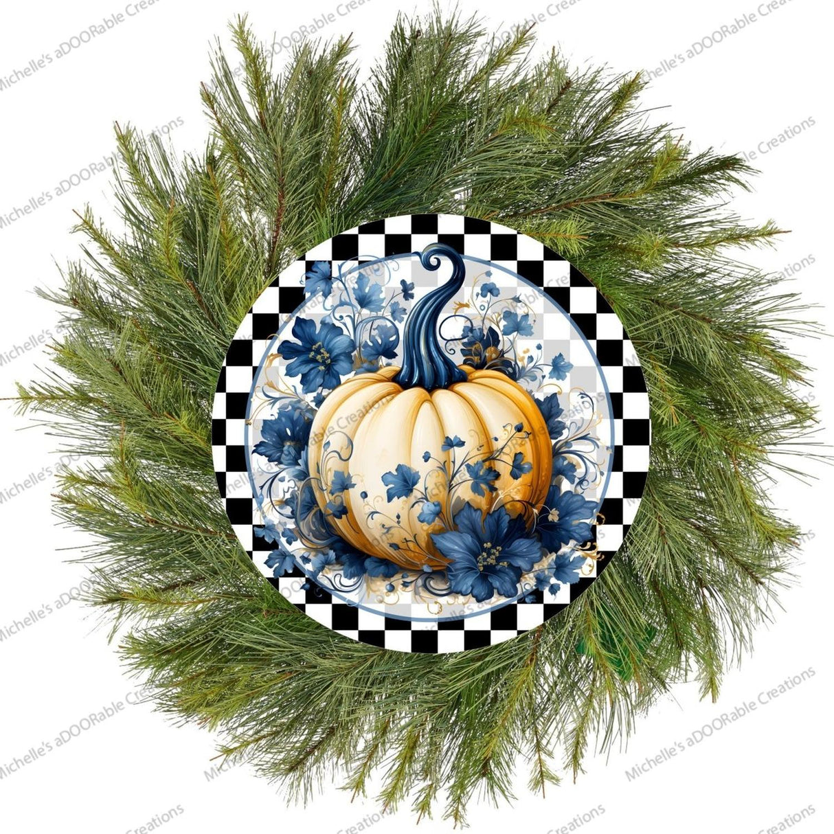 Blue Chinoiserie Floral Pumpkin Round Sign