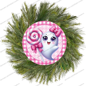 Cute Pink Halloween Ghost Round Sign