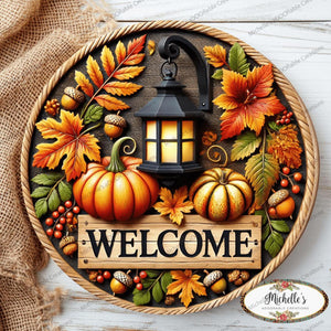 Fall Foliage Lantern Welcome Round Sign