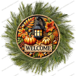 Fall Foliage Lantern Welcome Round Sign