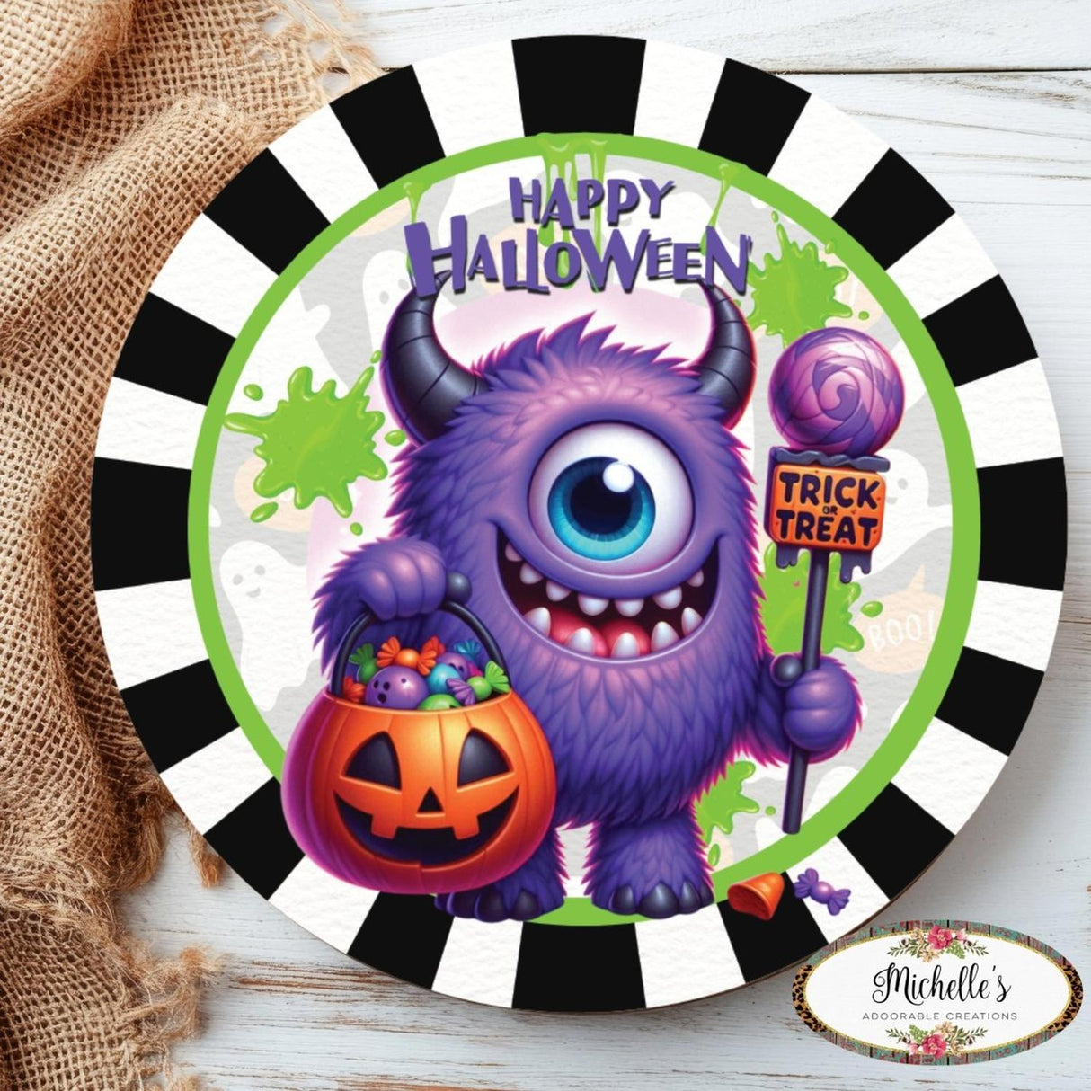 Happy Halloween Purple Monster Sign