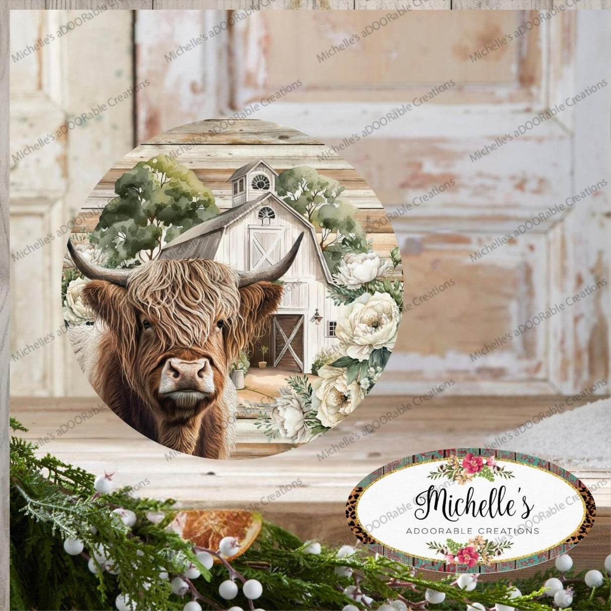 Highland Cow White Barn Florals Sign