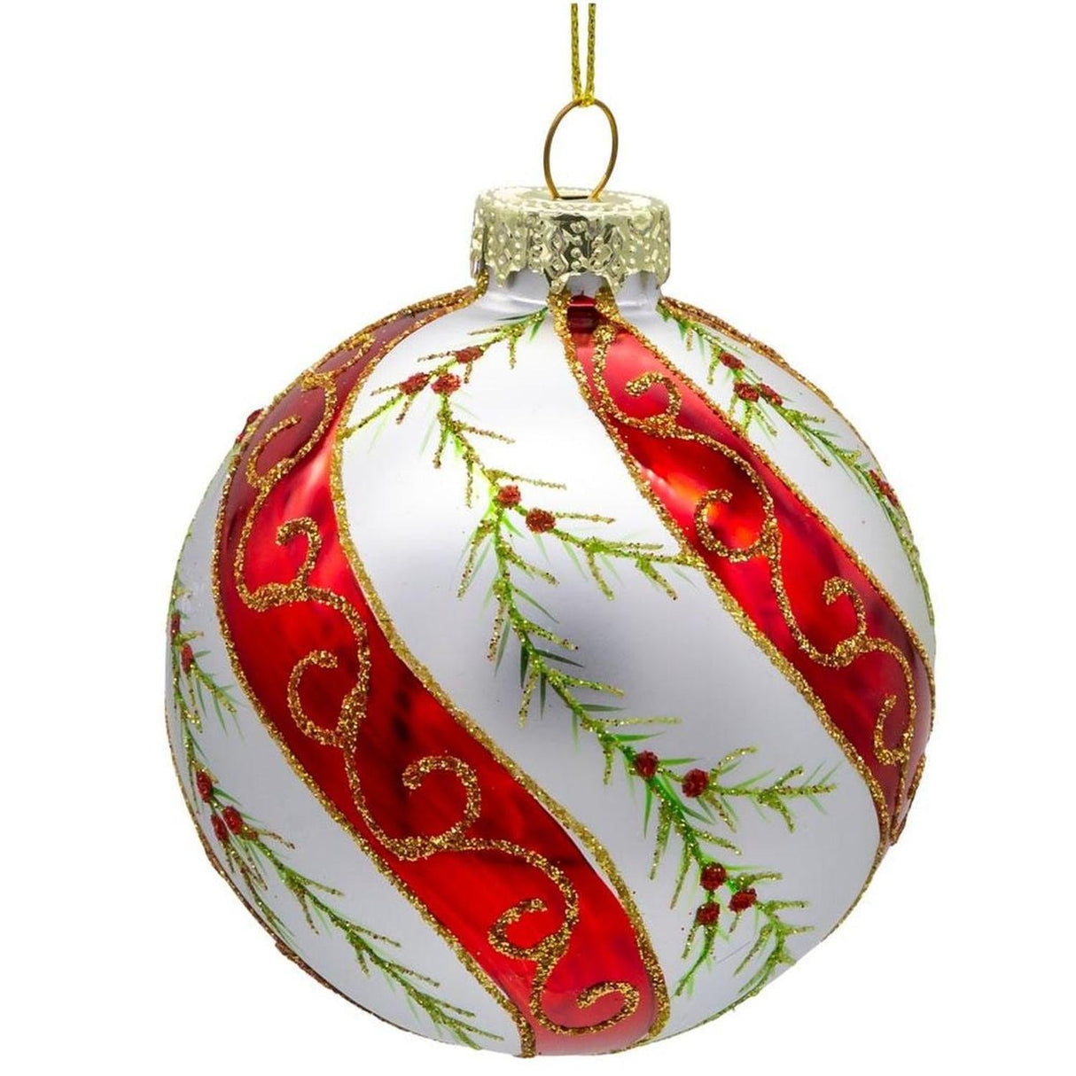 Kurt Adler 80MM Glass Red and White Holly Ornaments, 6 pieces