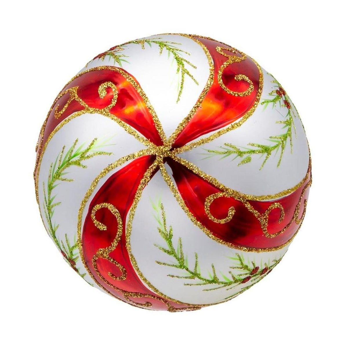 Kurt Adler 80MM Glass Red and White Holly Ornaments, 6 pieces