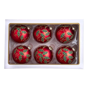 Kurt Adler 80MM Glass Red Berry and Holly Leaves Ornaments (6 Piece)