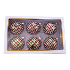 Kurt Adler 80MM Red and Green Plaid Glass Ball Ornaments, 6 Piece Box