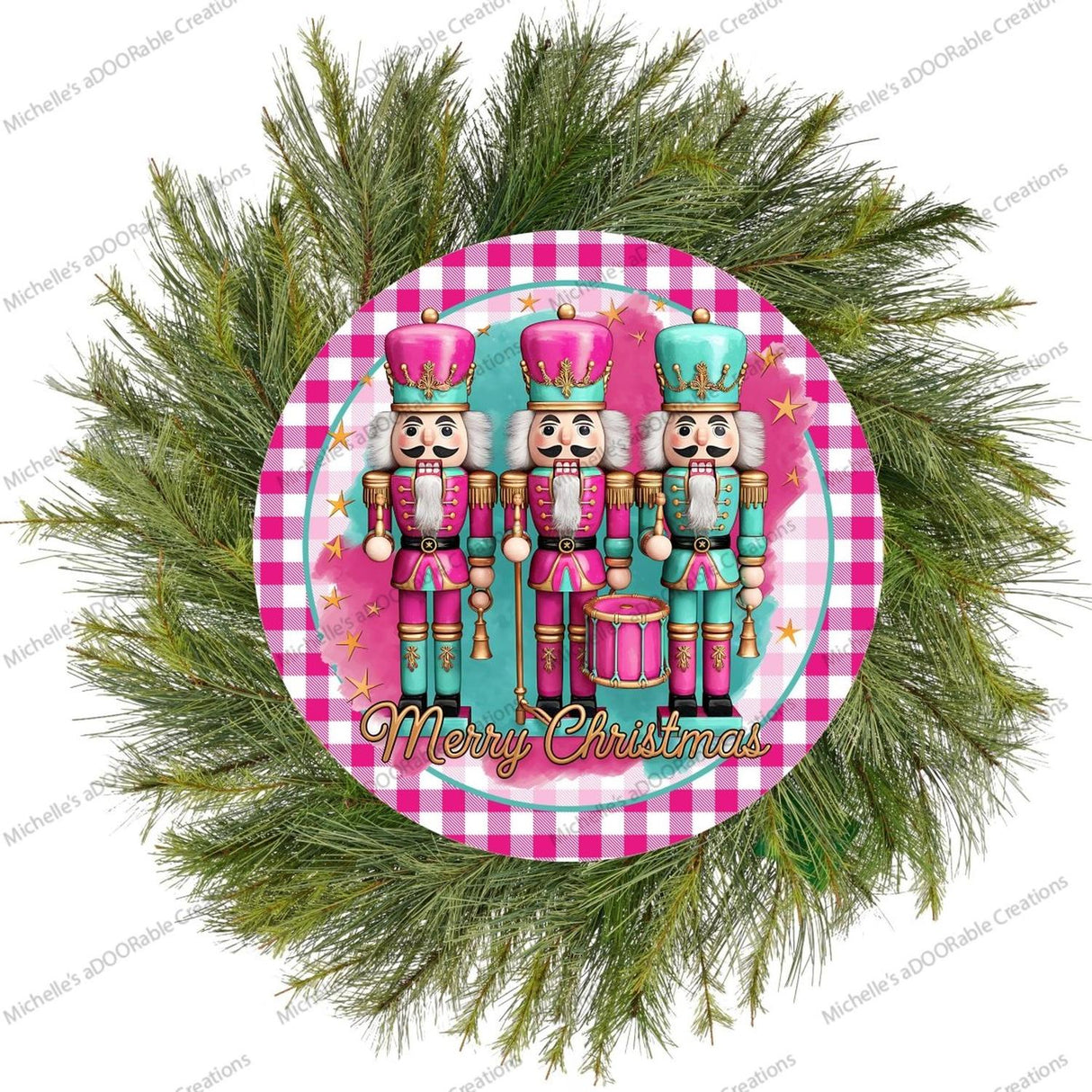 Merry Christmas Pink Teal Nutcracker Round Sign