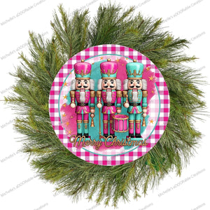 Merry Christmas Pink Teal Nutcracker Round Sign