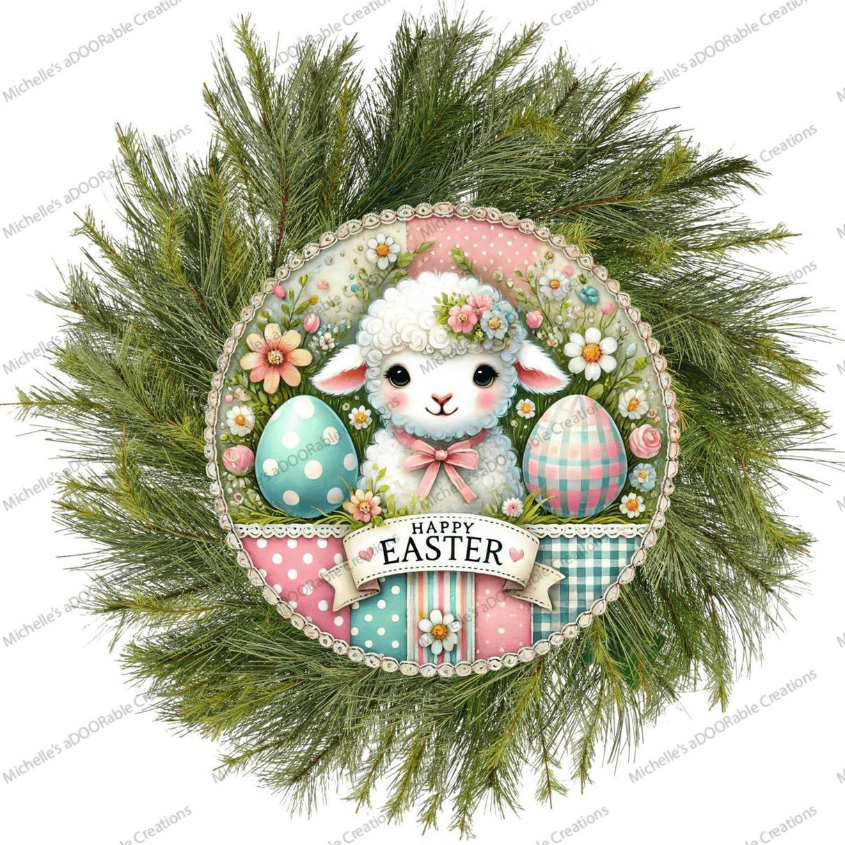 Vintage Happy Easter Lamb Round Sign