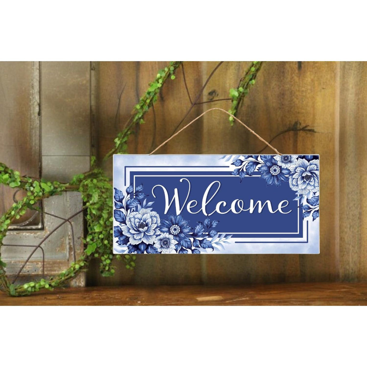 12" Welcome Blue Floral MDF Wood Sign