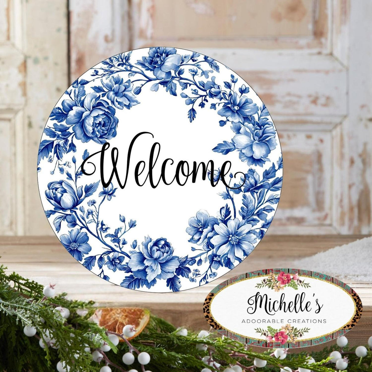 Welcome Blue Floral Round Sign