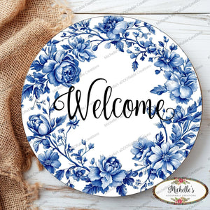 Welcome Blue Floral Round Sign