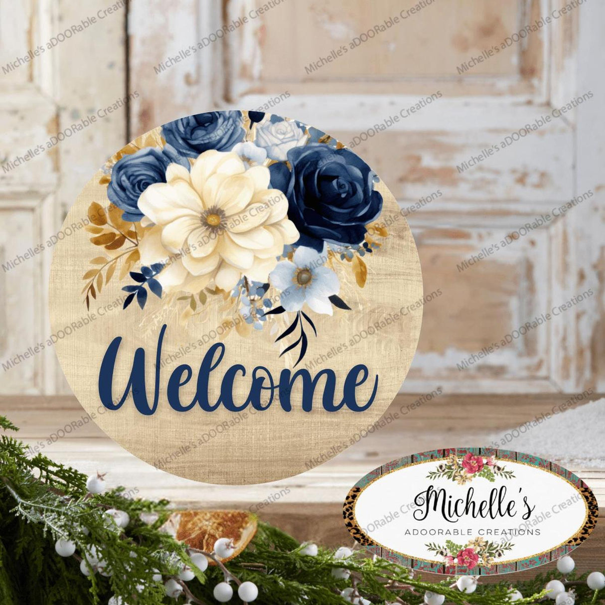 Welcome Blue Watercolor Floral Round Sign