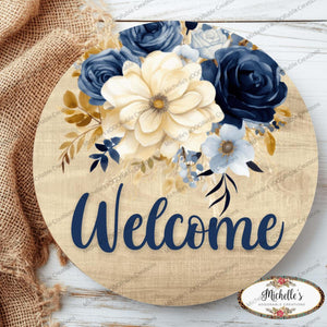 Welcome Blue Watercolor Floral Round Sign