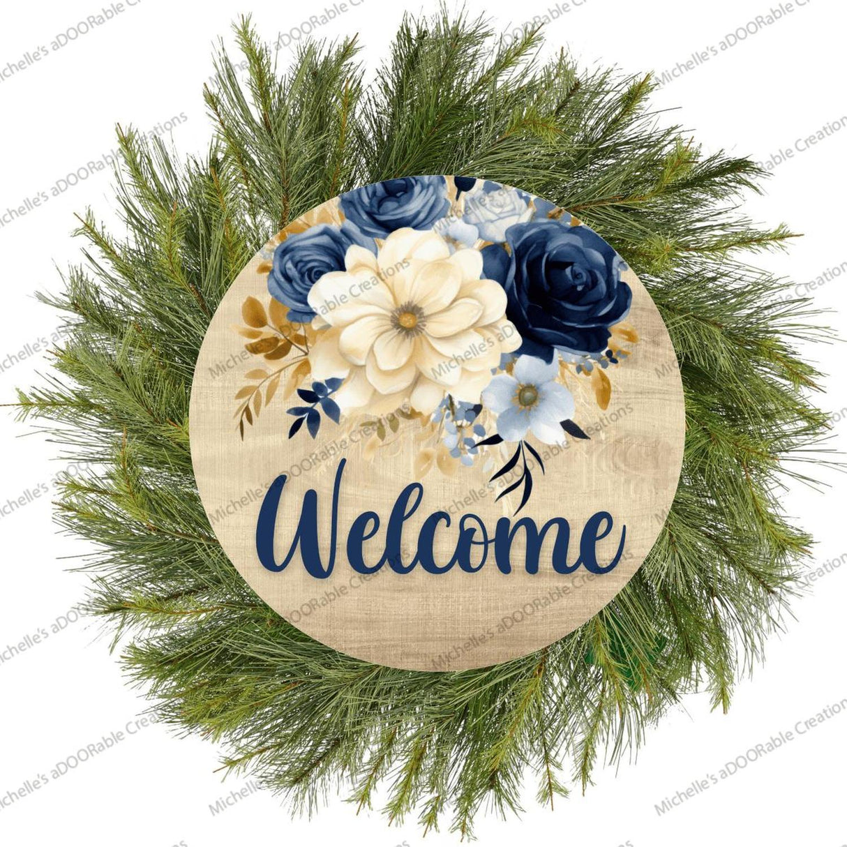 Welcome Blue Watercolor Floral Round Sign