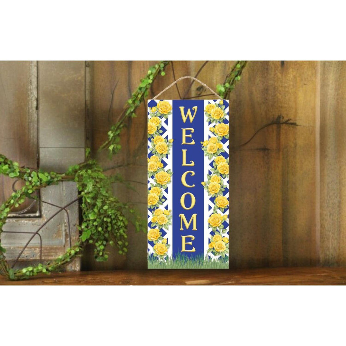 12" Welcome Blue Yellow Trellis Rose Sign