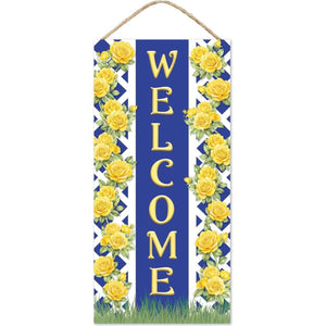 12" Welcome Blue Yellow Trellis Rose Sign