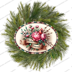 Welcome Friends Cardinal Peonies Oval Sign