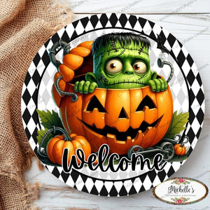 Welcome Halloween Frankenstein Pumpkin Sign