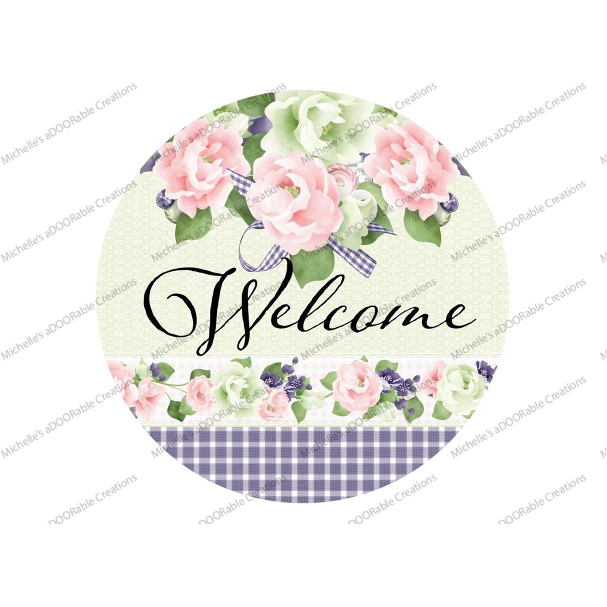 Welcome Purple Gingham Floral Round Sign