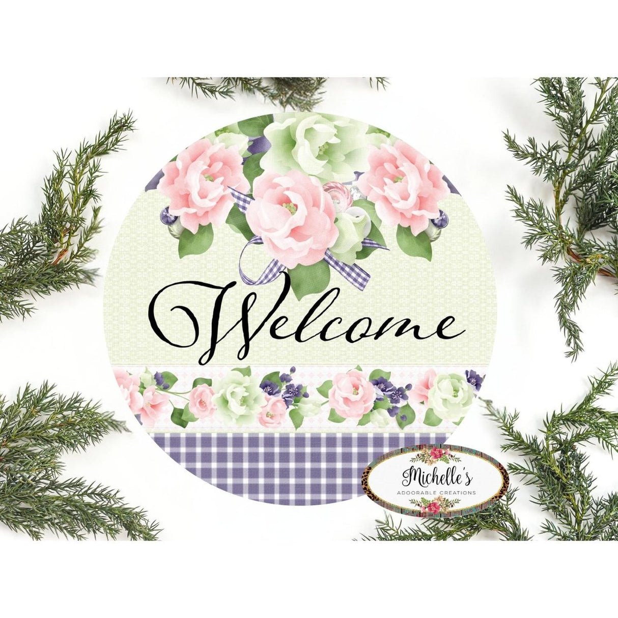 Welcome Purple Gingham Floral Round Sign