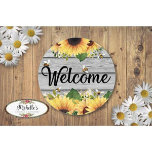 Welcome Sunflower Bumble Bee Round Sign