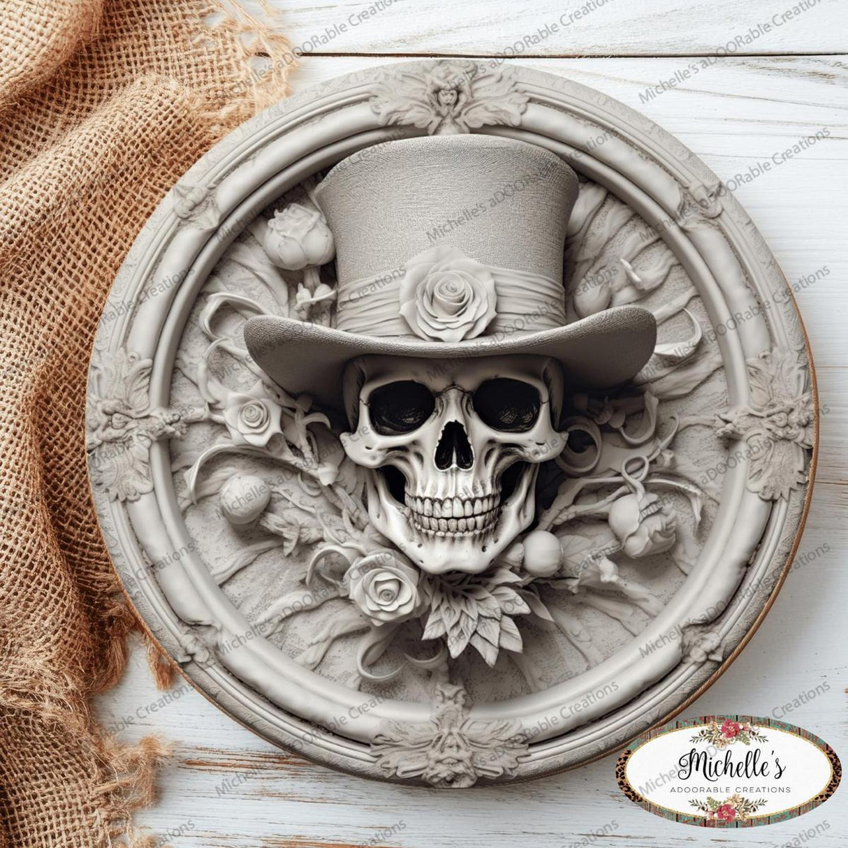 White Face Skull Top Hat Portrait Sign