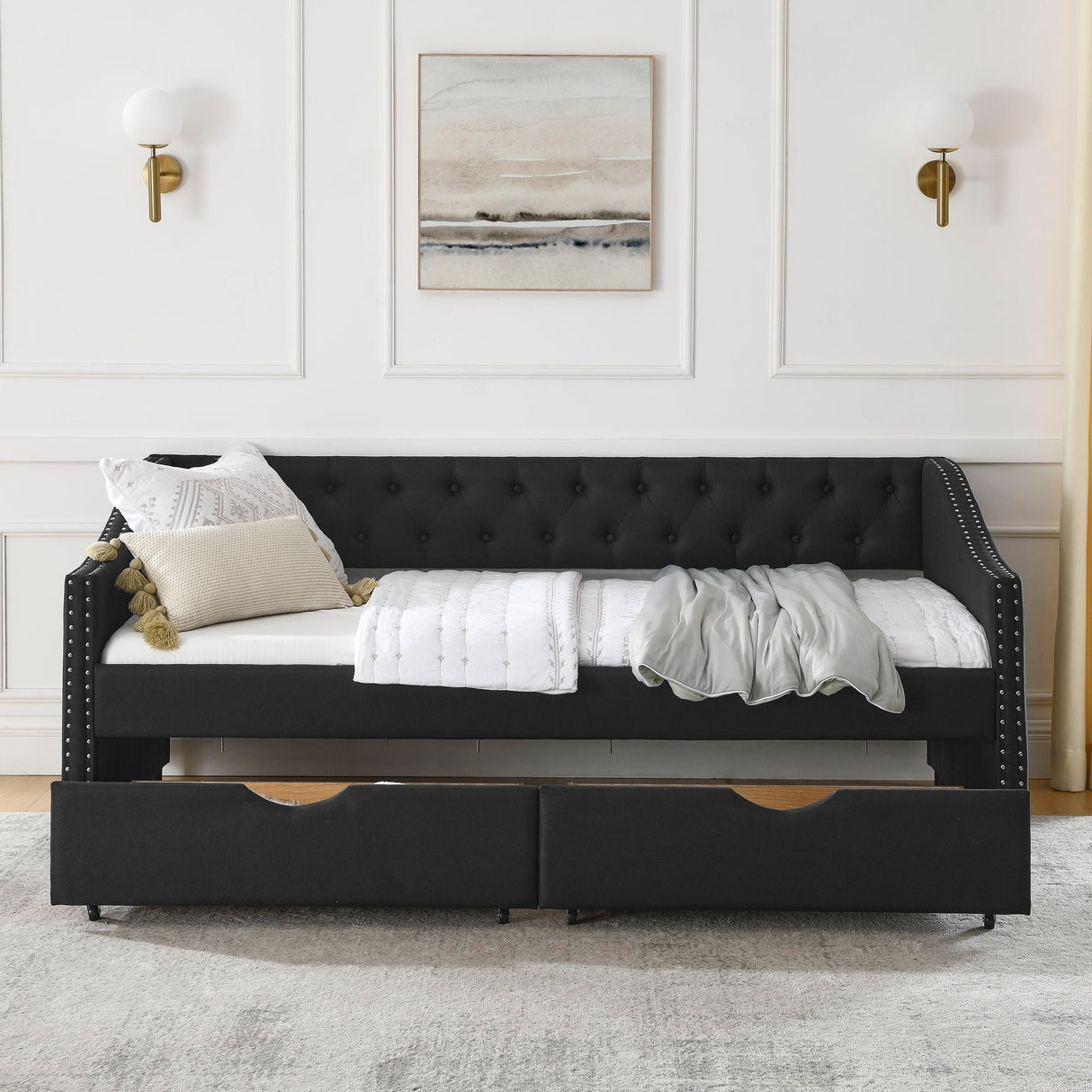 Upholstered Tufted Daybed With 2 Drawers, Waved Arms