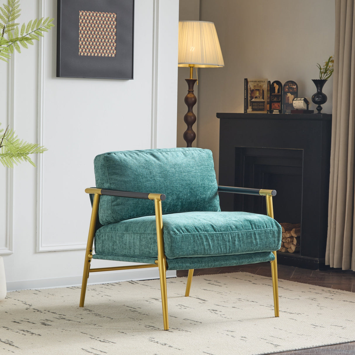 Modern Accent Chair with Plush Cushions and Wooden Armrests