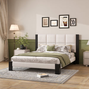 Boucle Queen Bed Frame With Square-Stitched Headboard