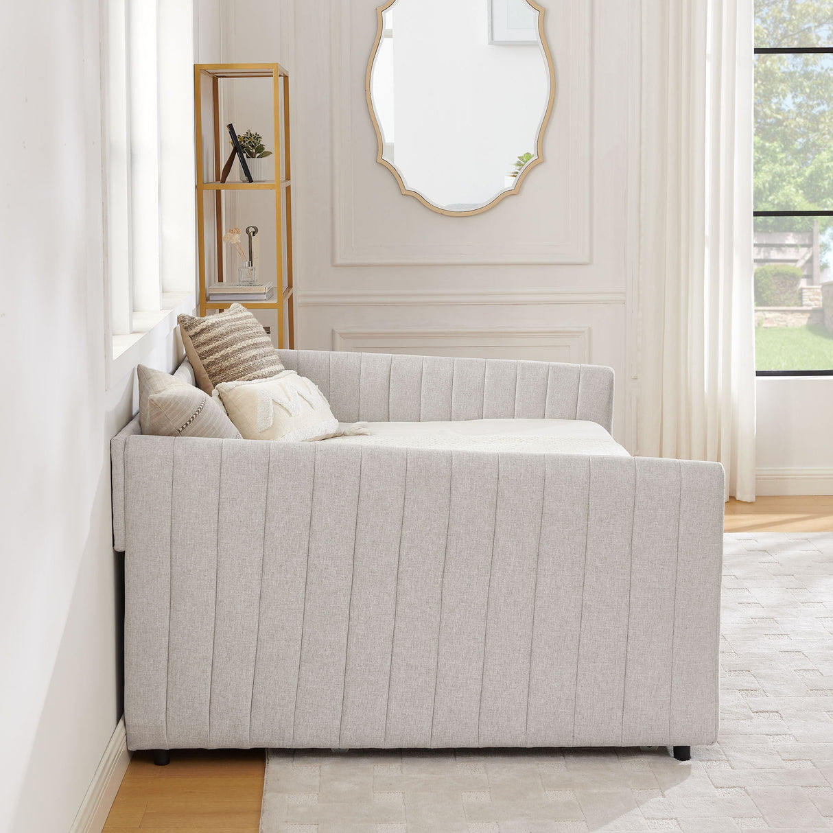 Upholstered Daybed With Trundle With Vertical Stripes