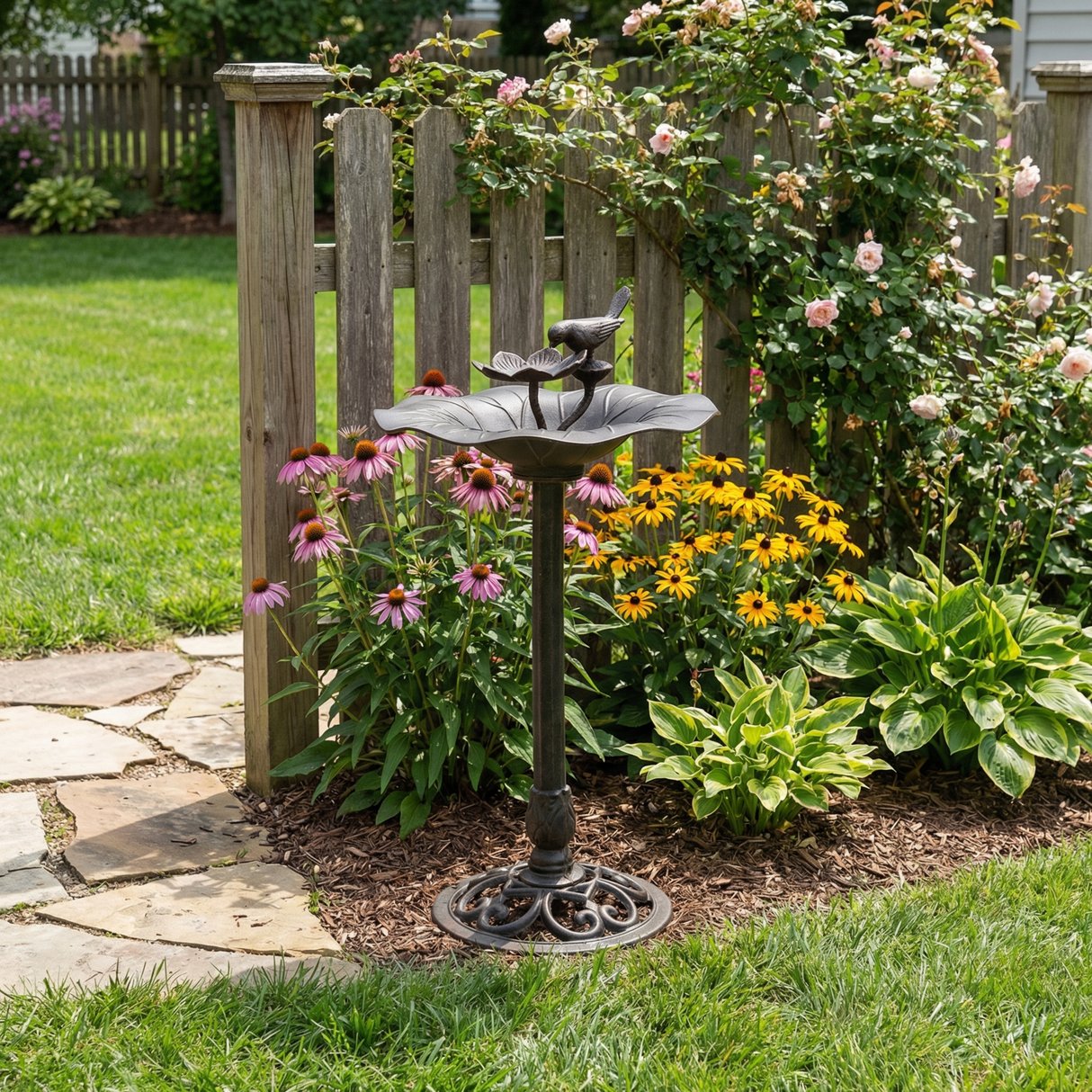 Lancaster Outdoor Aluminum and Iron Top Bird Bath with Iron Base, Bronze