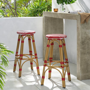 Outdoor PE Rattan and Aluminum French Backless Barstools, Set of 2