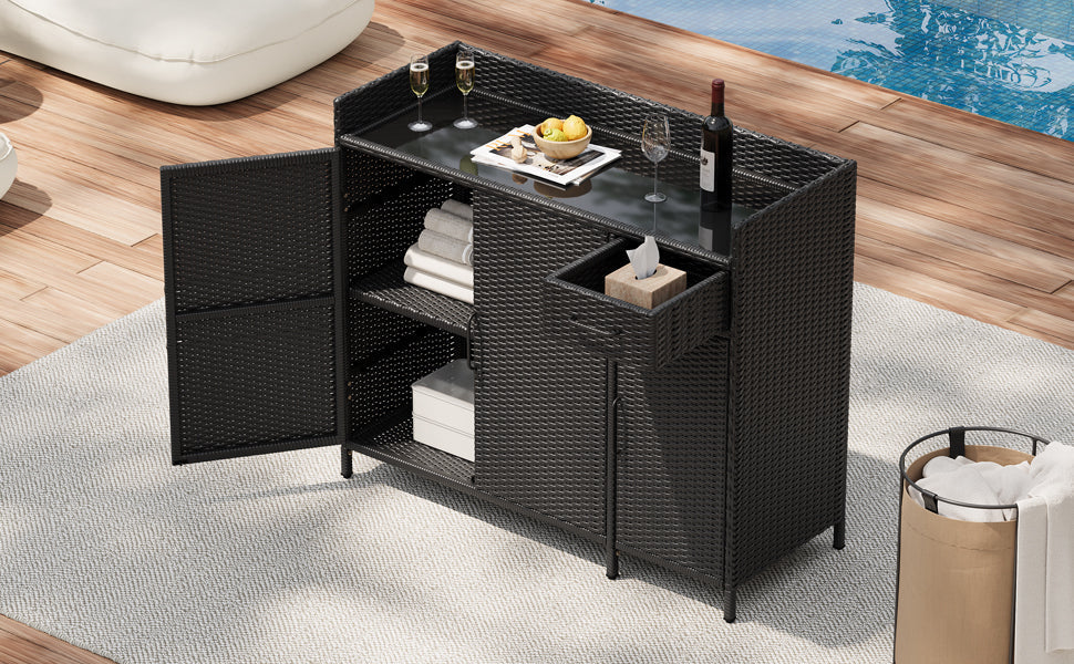K&K 47.5"W Wicker Outdoor Storage Cabinet with Tempered Glass Desktop