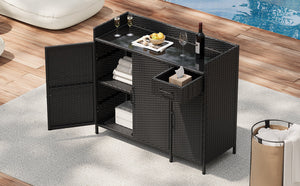 K&K 47.5"W Wicker Outdoor Storage Cabinet with Tempered Glass Desktop