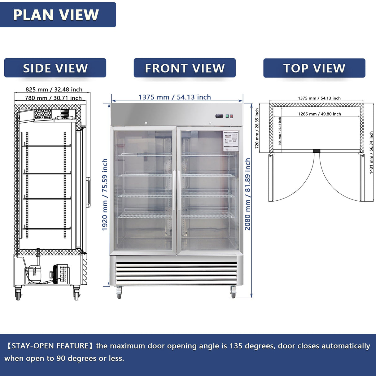 54"W Commercial Refrigerator with Glass Doors