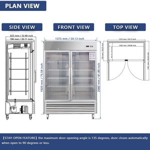 54"W Commercial Refrigerator with Glass Doors