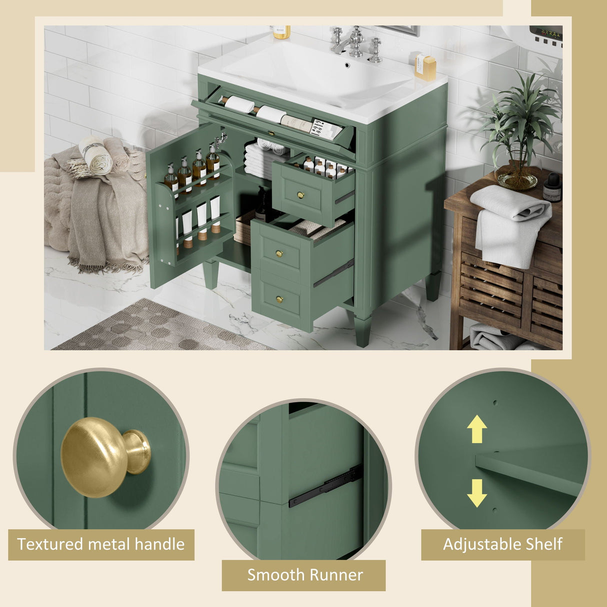 Bathroom Vanity With Top Sink, Storage Cabinet, 2 Drawers, Tip Out Drawer