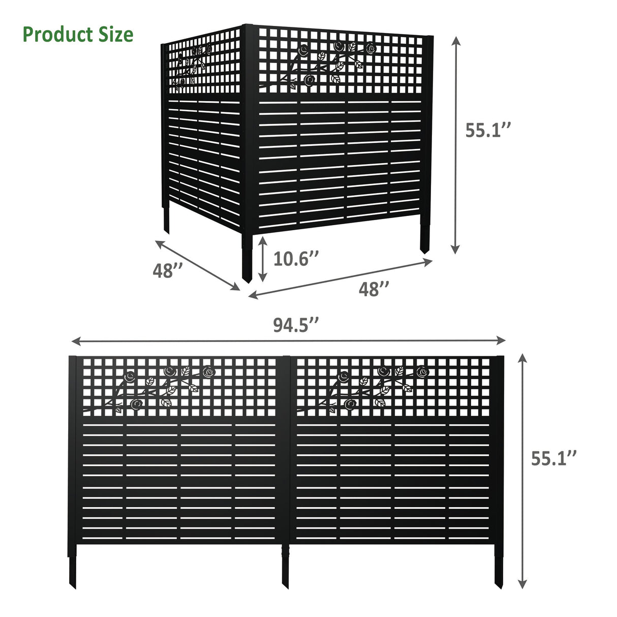 W48" x H47.3" Metal Privacy Screen with Rose Design