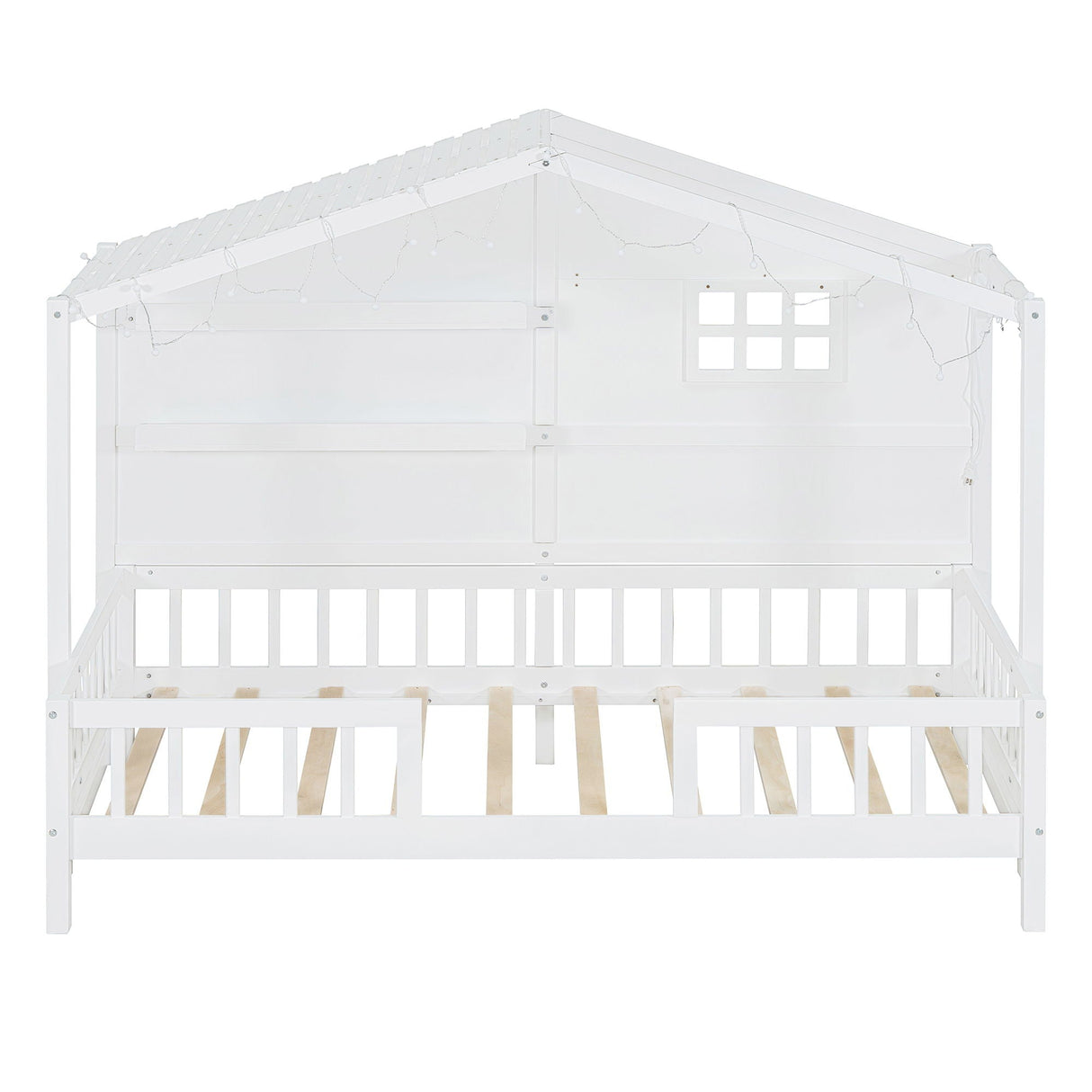 House Bed With Shelves, Window And Sparkling Light Strip On The Roof