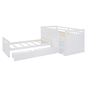Loft Platform Bed With 7 Drawers And Full Guardrails, Modern L Shaped Space Savin