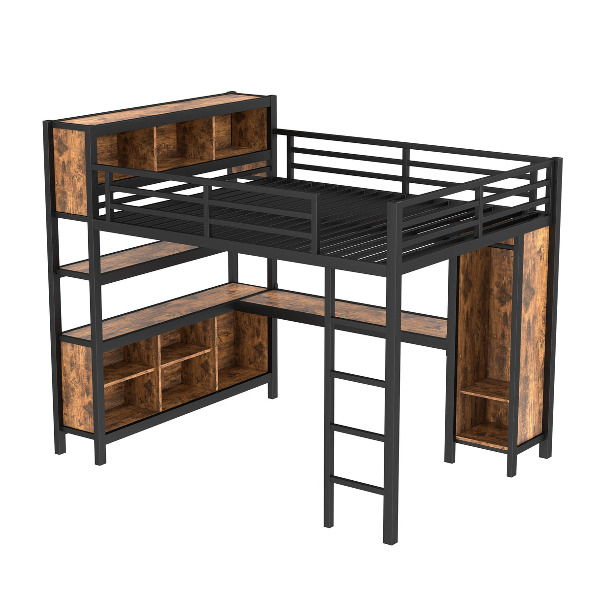 Metal Loft Bed with Wardrobe and L-Shaped Desk
