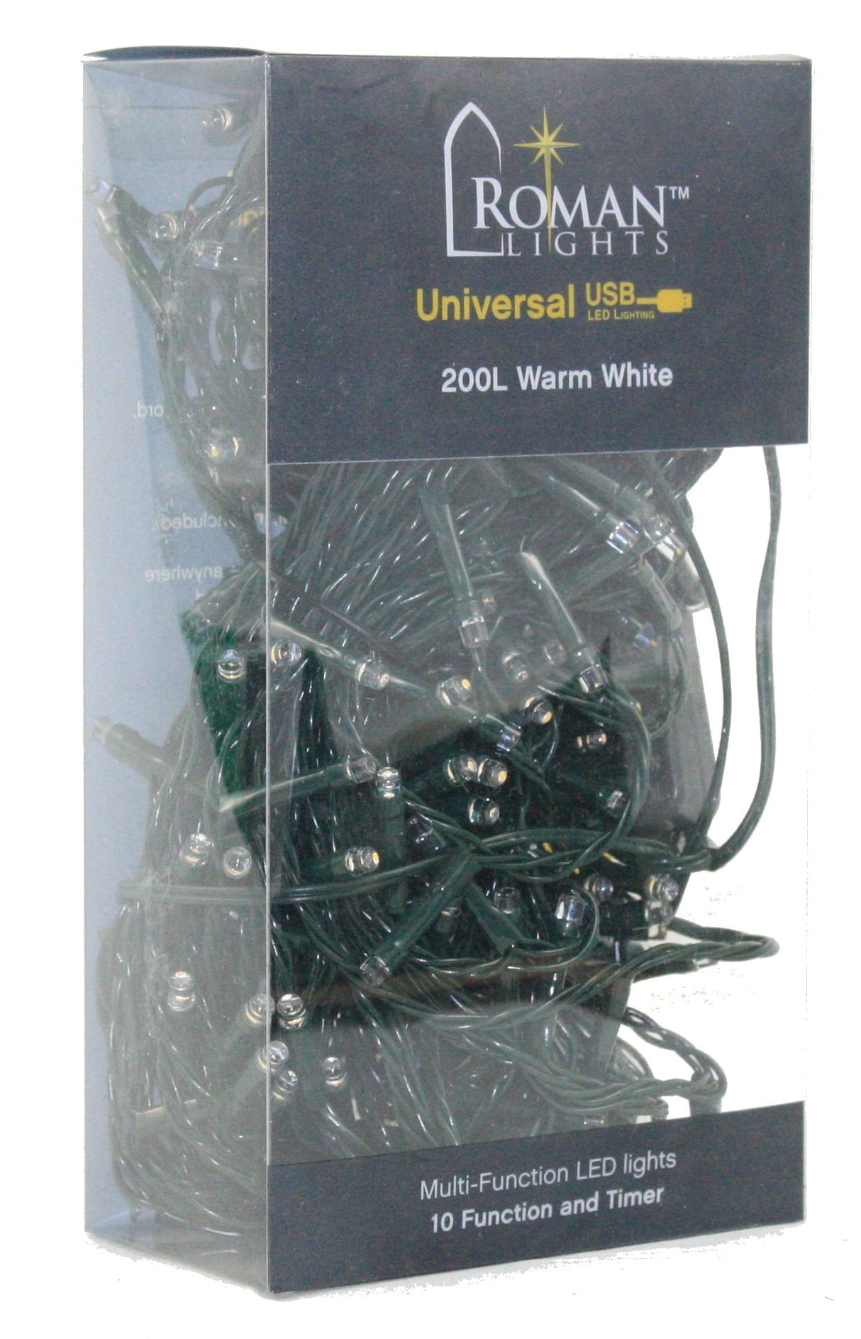 USB powered 200 LED (52 foot) Green Wire Multifunction Lights with Timer - Warm White