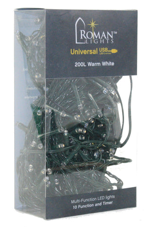USB powered 200 LED (52 foot) Green Wire Multifunction Lights with Timer - Warm White