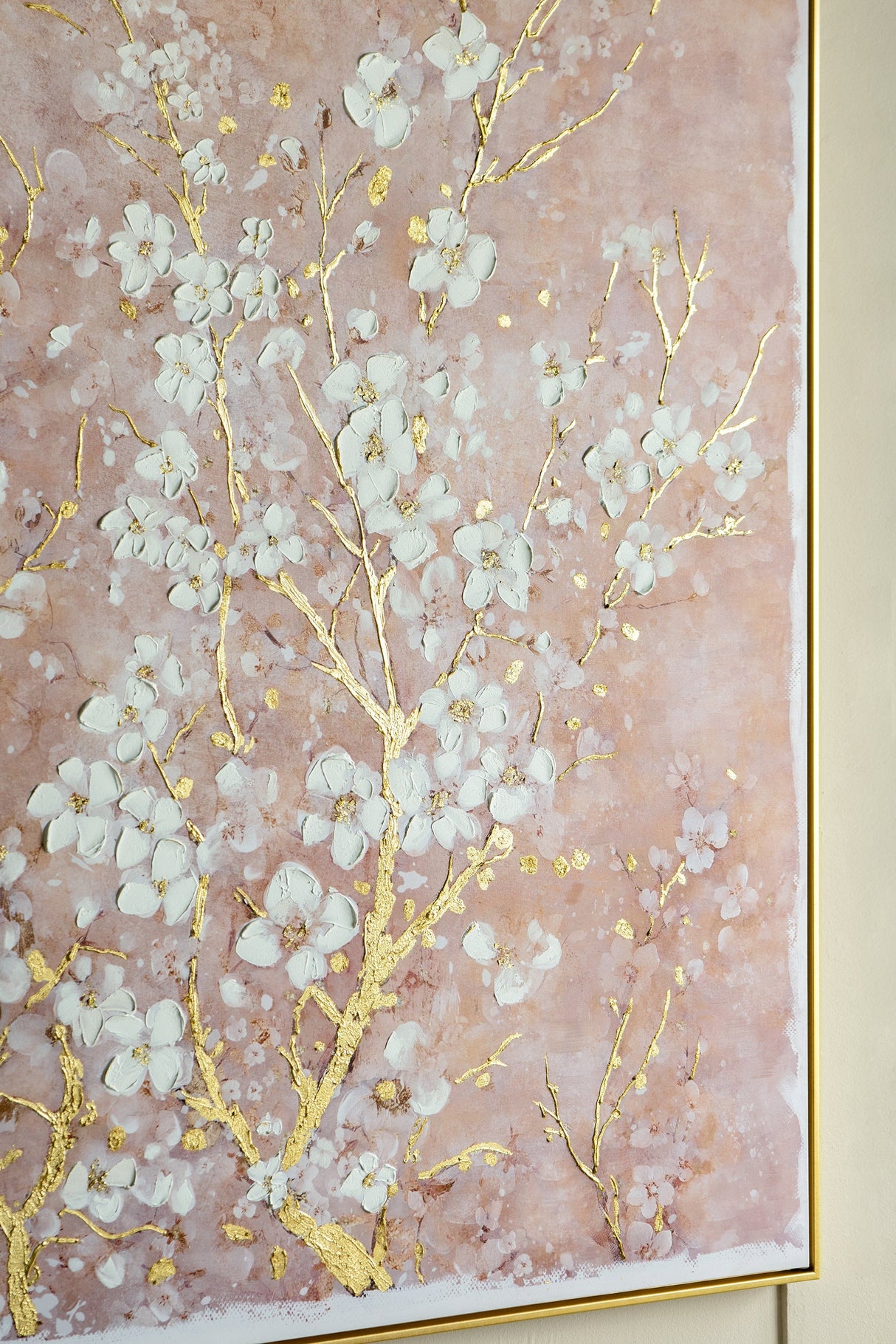 59.1x47.2' Hand-Painted Cherry Blossom Canvas Art with Blush Pink and White Finish