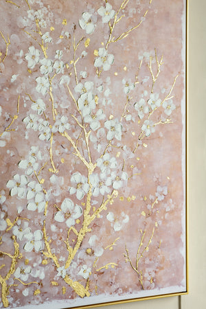 59.1x47.2' Hand-Painted Cherry Blossom Canvas Art with Blush Pink and White Finish