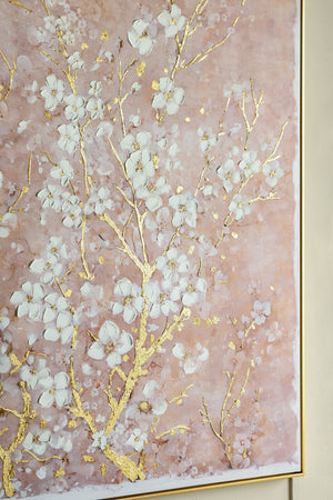 Hand-Painted Cherry Blossom Canvas Wall Art with Subtle Gold Accents - Multicolor