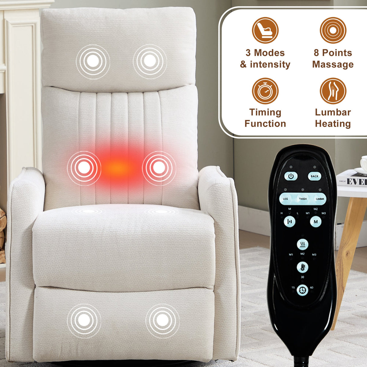 Beige Heat Massage Manual Recliner Chair with Rocker and Swivel